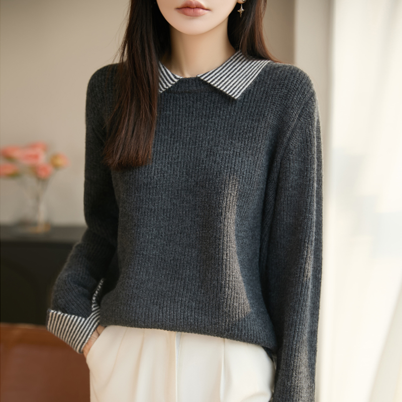 2026新款毛茸茸韩系气质针织衫上衣气质假两件POLO衫内搭毛衣