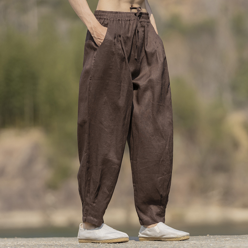 100%纯亚麻裤轻薄透气阔腿哈伦裤男裤子夏季宽松休闲裤中式九分裤