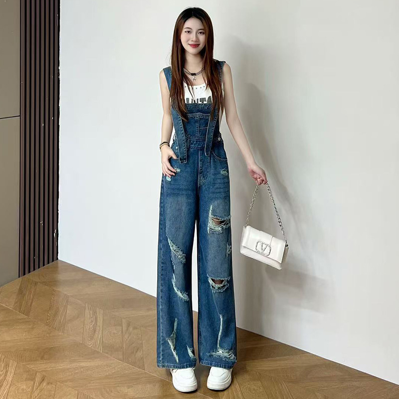 喜绚背带破洞直筒牛仔裤女2025年新款夏季薄款垂感个性时尚阔腿裤