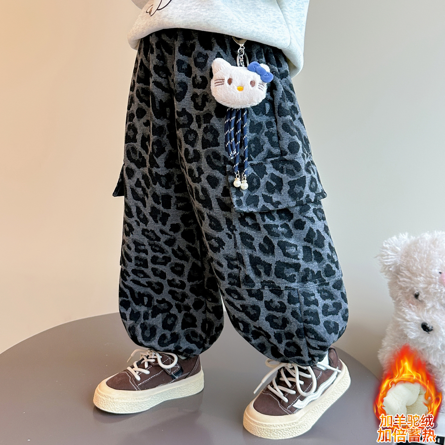 女童加绒豹纹裤子儿童秋冬装新款女宝宝一体绒休闲裤子小女孩时髦