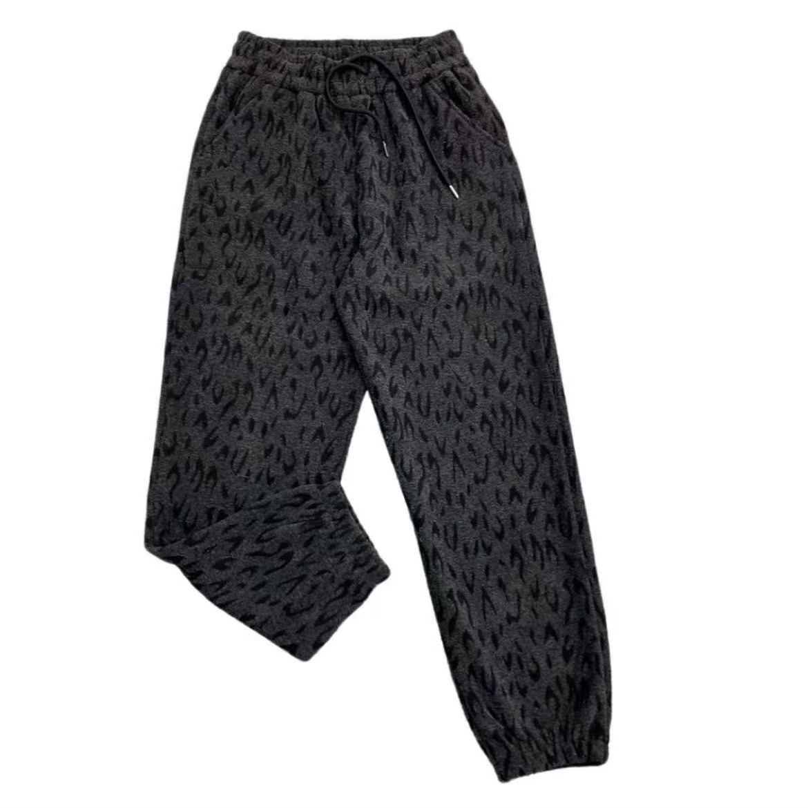 加绒豹纹休闲裤女松紧腰时尚两穿舒适哈伦裤洋气显瘦直筒裤