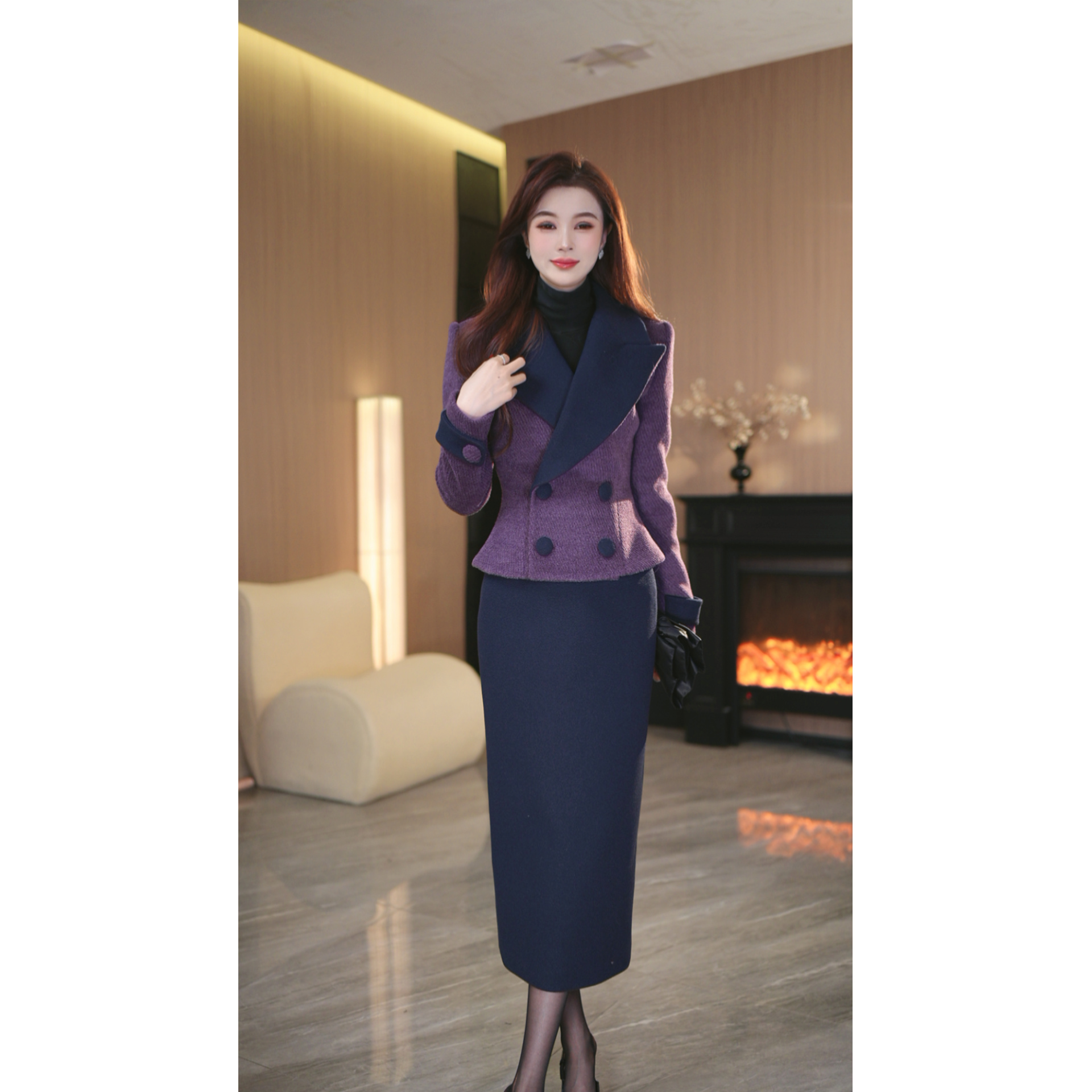 罗曼定制 高定原创紫色收腰时尚上衣+包臀半身裙套装女冬季新款