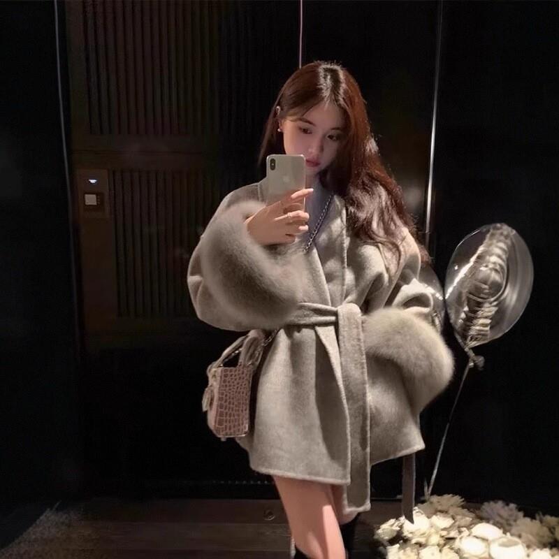 可拆卸系带双面大衣女2025冬装新款小个子毛呢外套