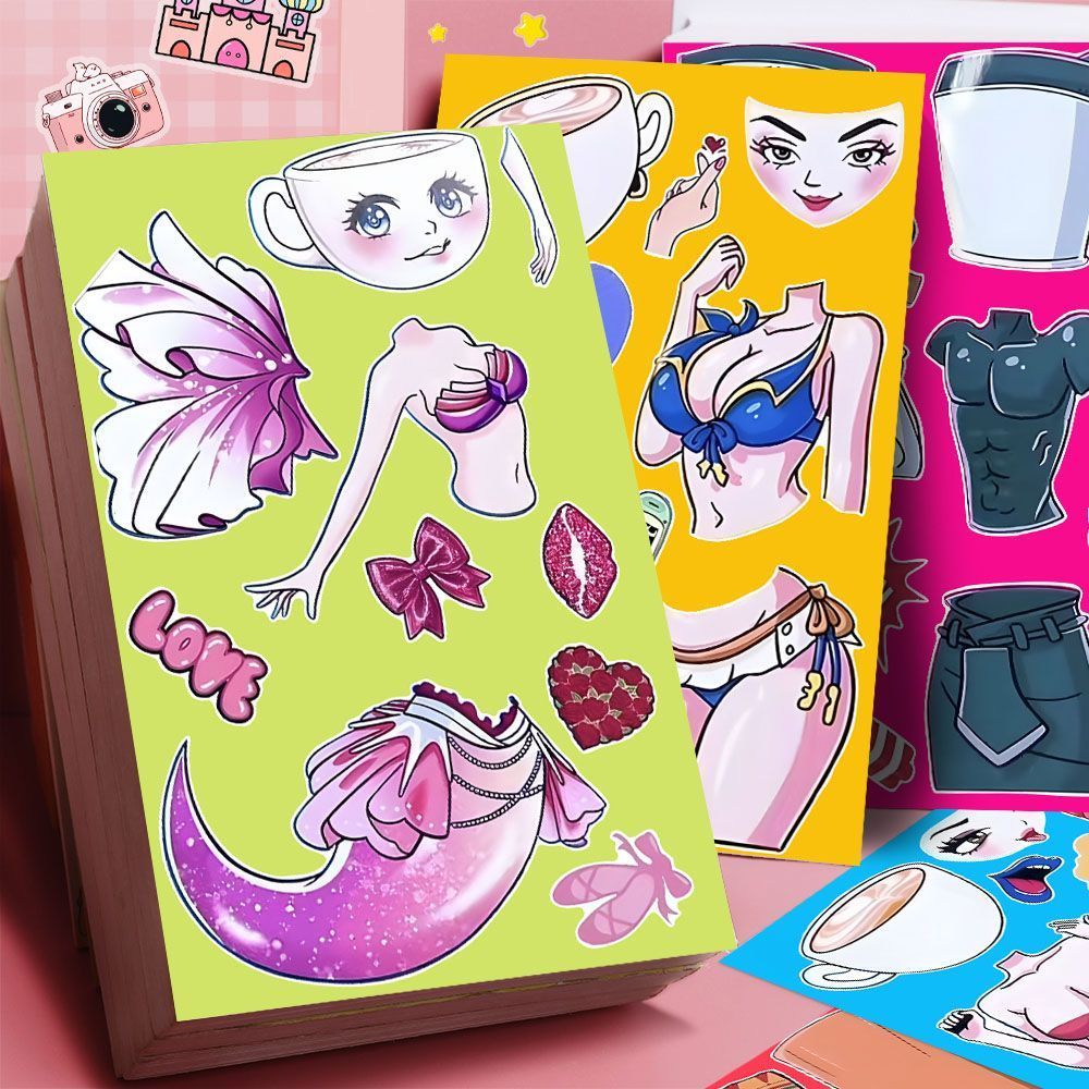 8张沙滩舞会版山海经拼图贴纸儿童益智趣味换装秀手工粘贴贴画