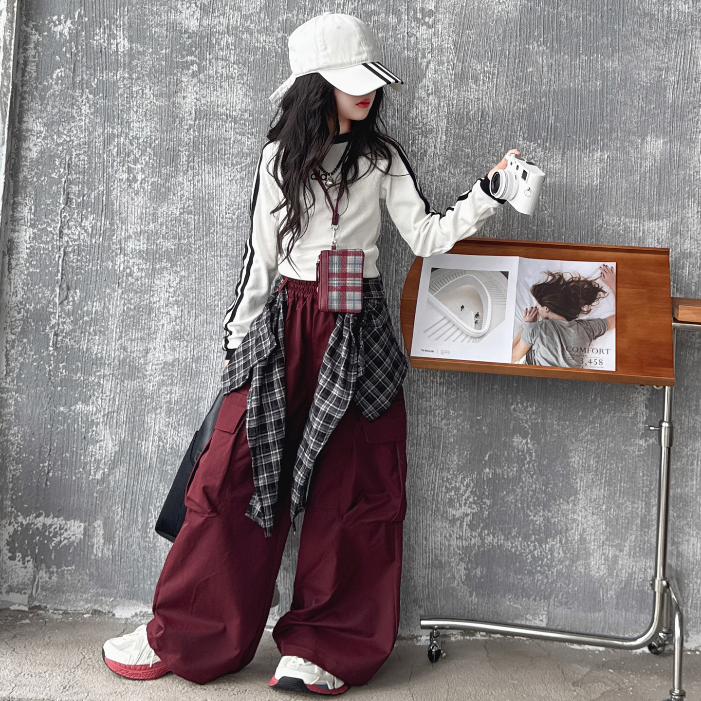 女童秋装套装2025新款韩版女孩格子皮帘工装裤酷飒美式复古两件套