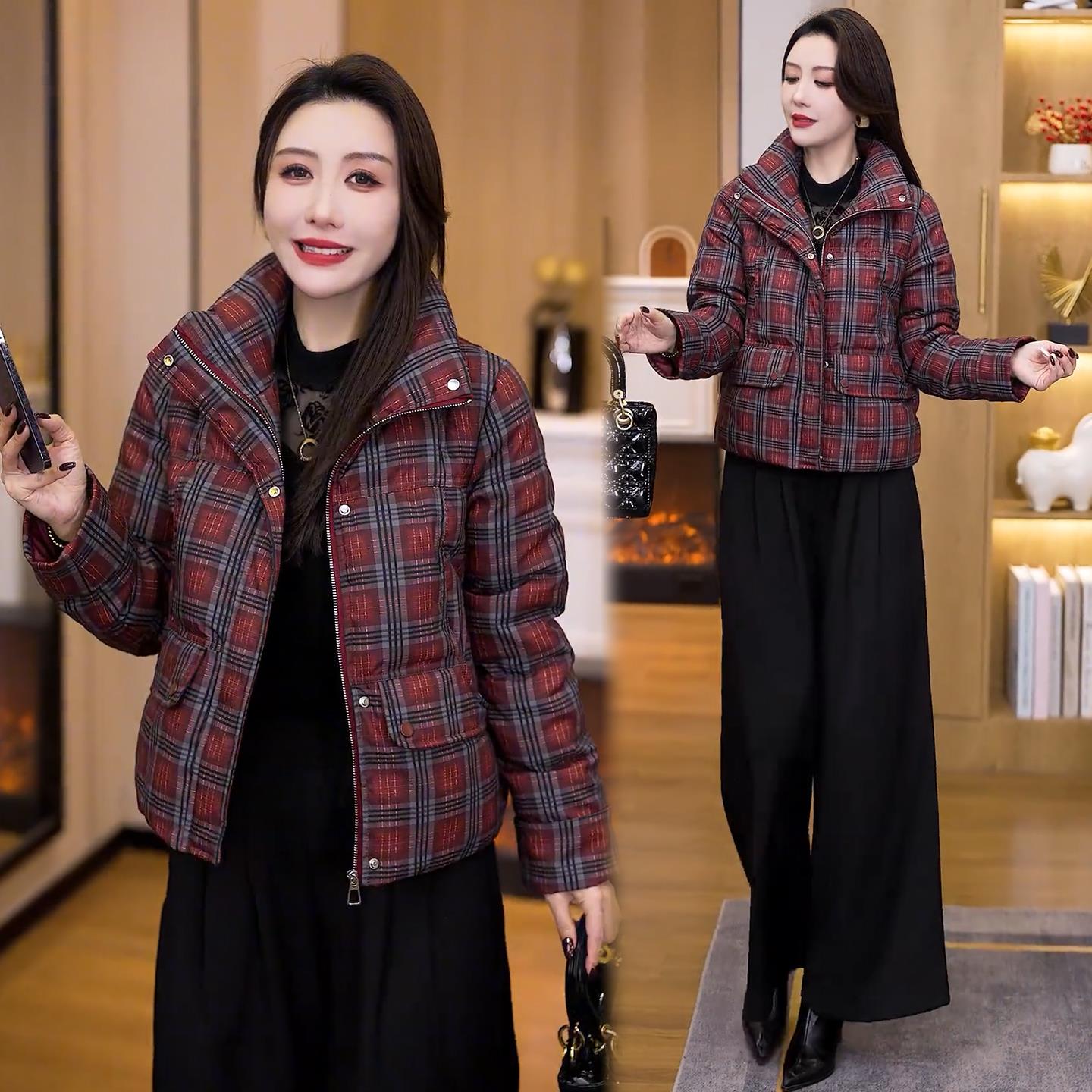 时尚格子拼接棉服女2025冬季新款洋气宽松显瘦加厚保暖棉袄外套潮