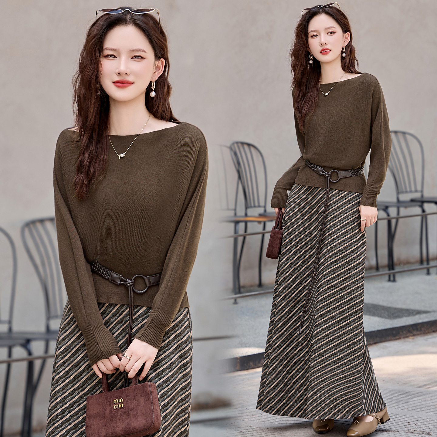 老钱风气质针织套装裙女2025年春秋新款洋气时髦条纹半身裙两件套