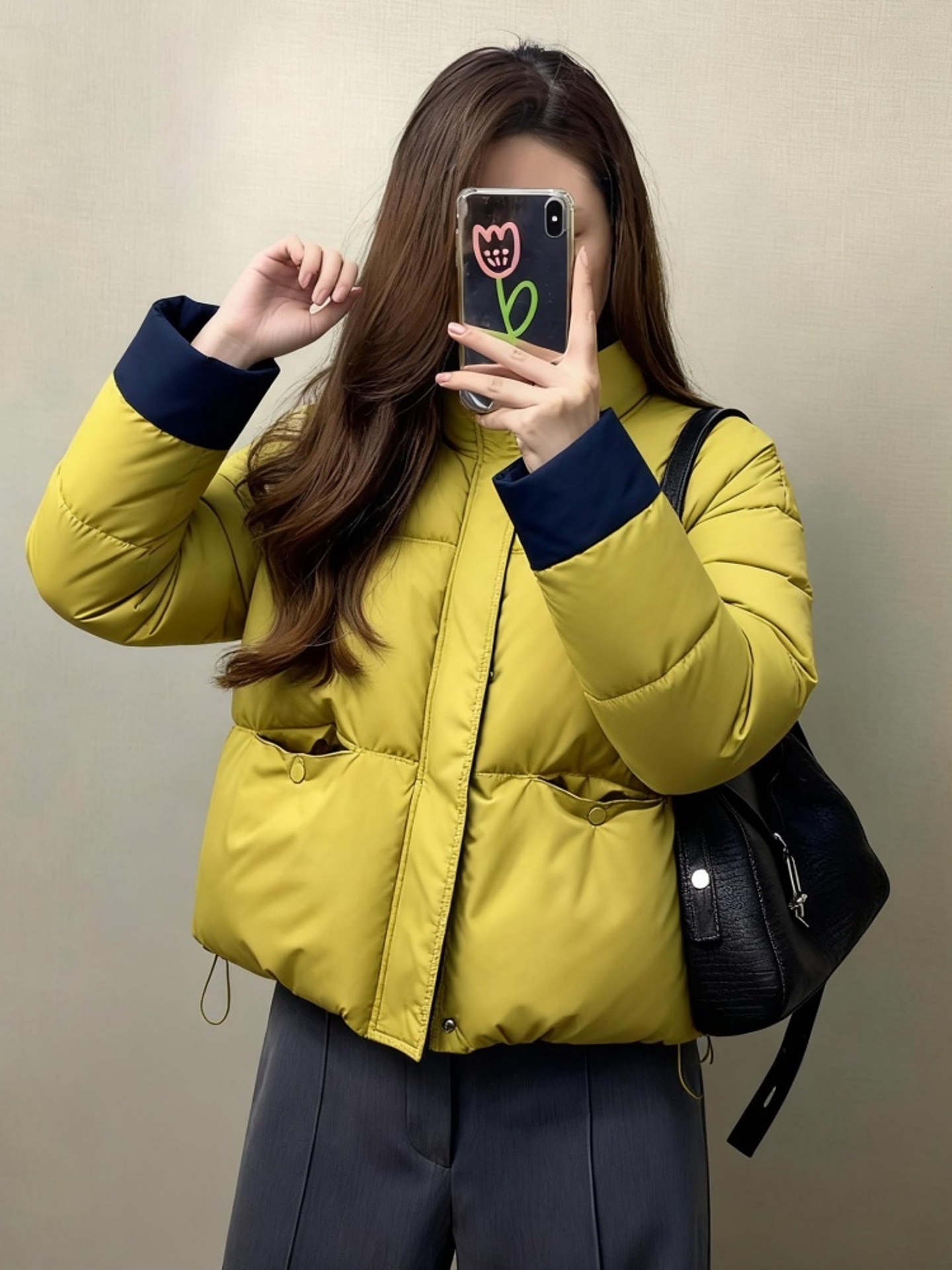 黄色撞色短款棉服棉袄女款2025新款冬款韩里韩气设计感夹棉厚外套