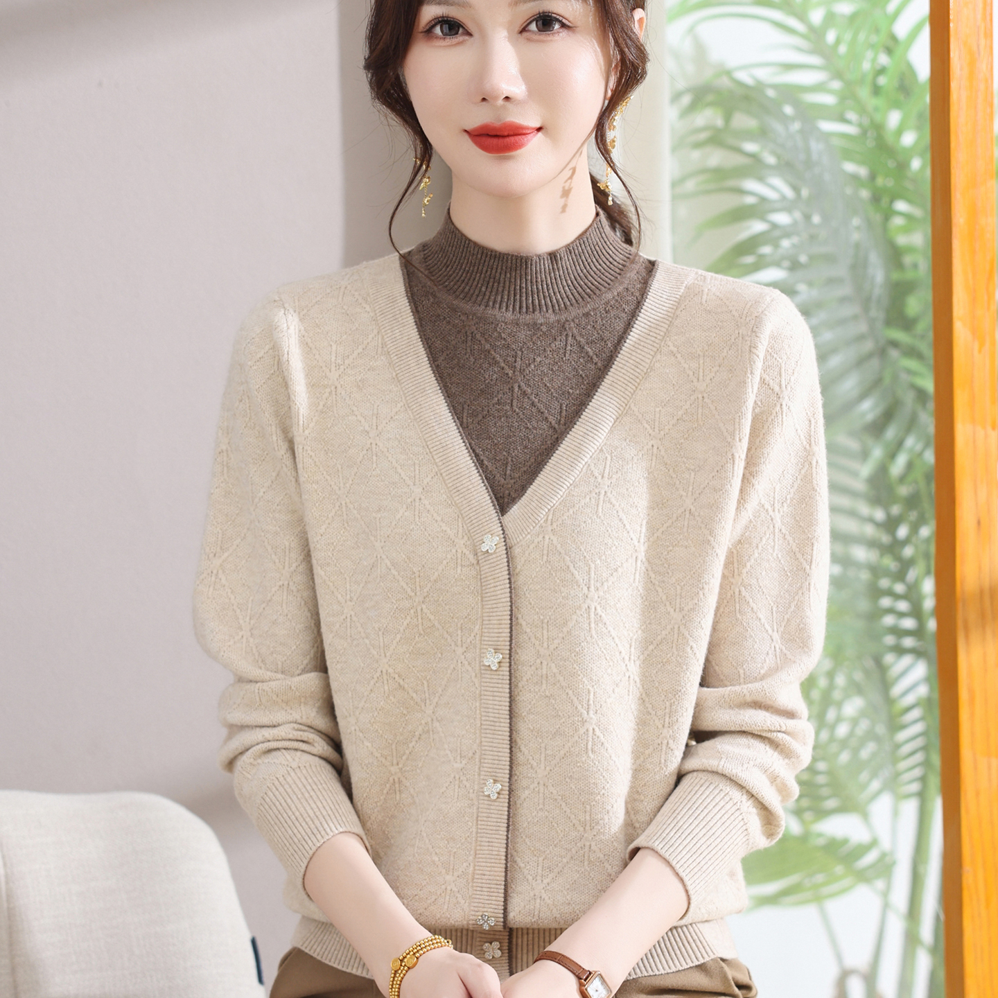 妈妈新款半高领针织衫毛衣中老年女装气质秋冬打底洋气假两件上衣