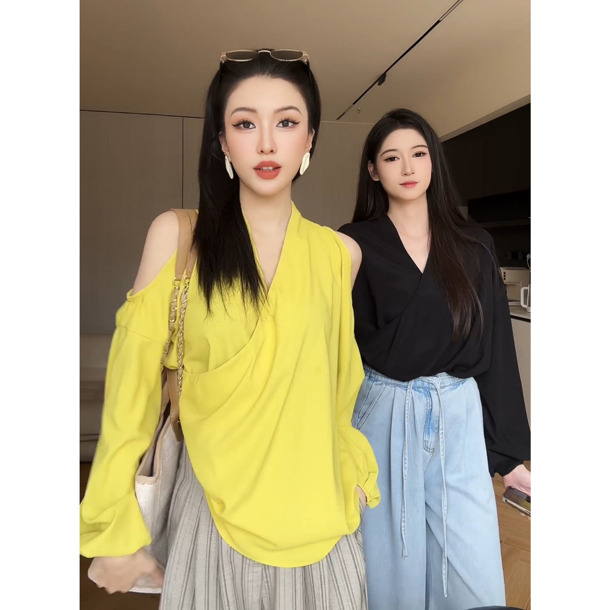 JIJINQI黑色慵懒风V领挂脖长袖J夏季宽松露肩上衣女 JD03SZPT1131