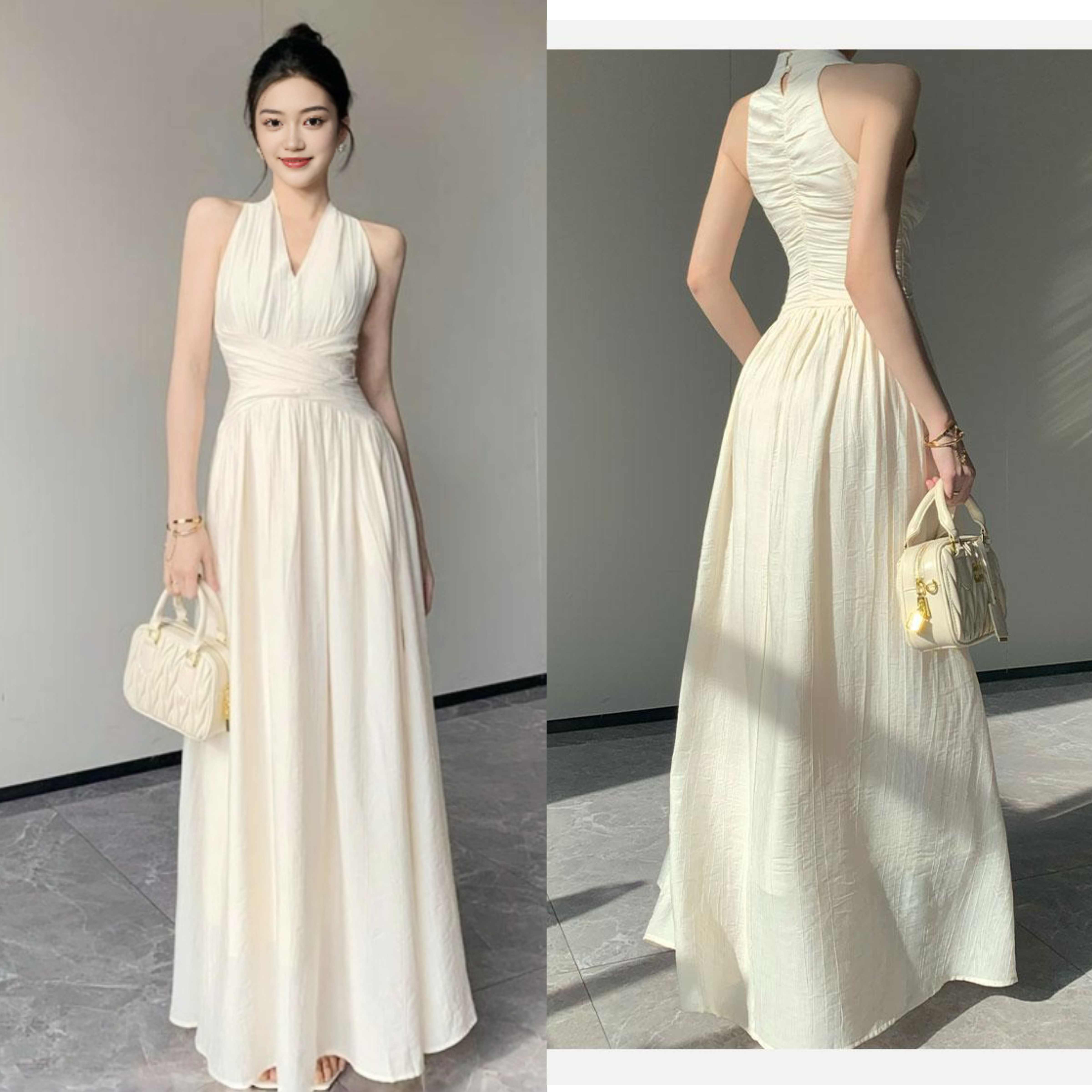 法式无袖长款连衣裙女春夏V领收腰度假风小裙子晚宴时尚挂脖长裙