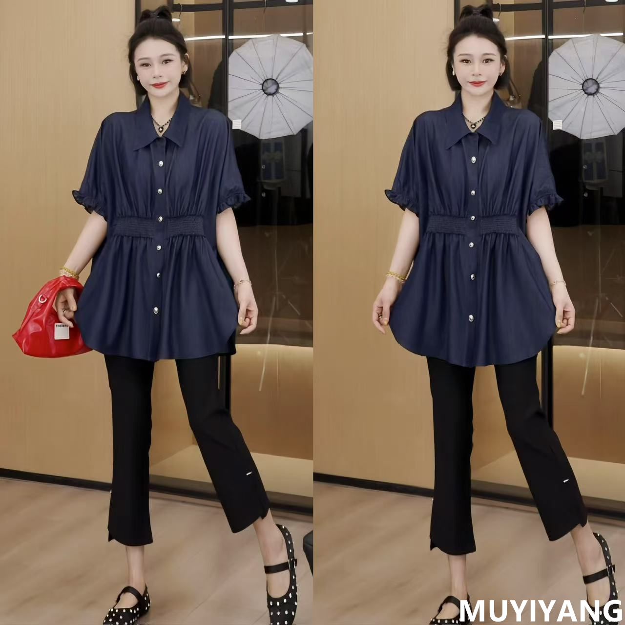 【枫音】独特超好看POLO领收腰显瘦高定版短袖 衣长77 25-225#