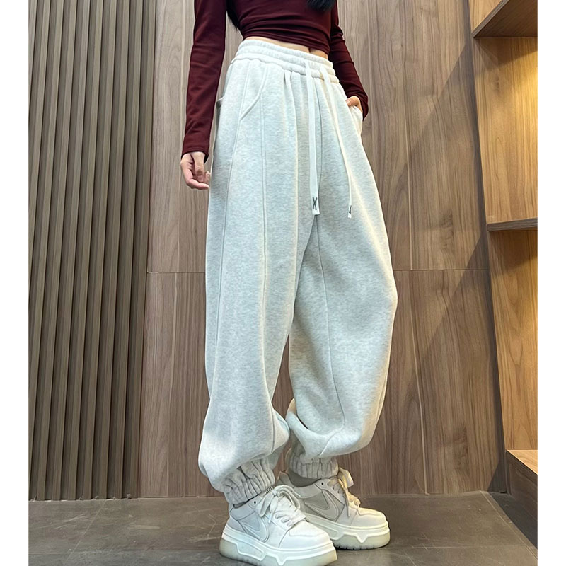 欧货宽松束脚卫裤女2025秋冬新款纯色百搭松紧腰加绒运动休闲裤子