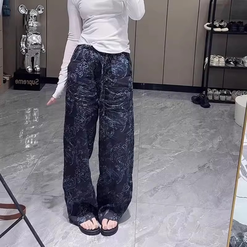 老钱风印花亚麻休闲裤女夏季新款大码通勤棉麻花裤子阔腿直筒长裤