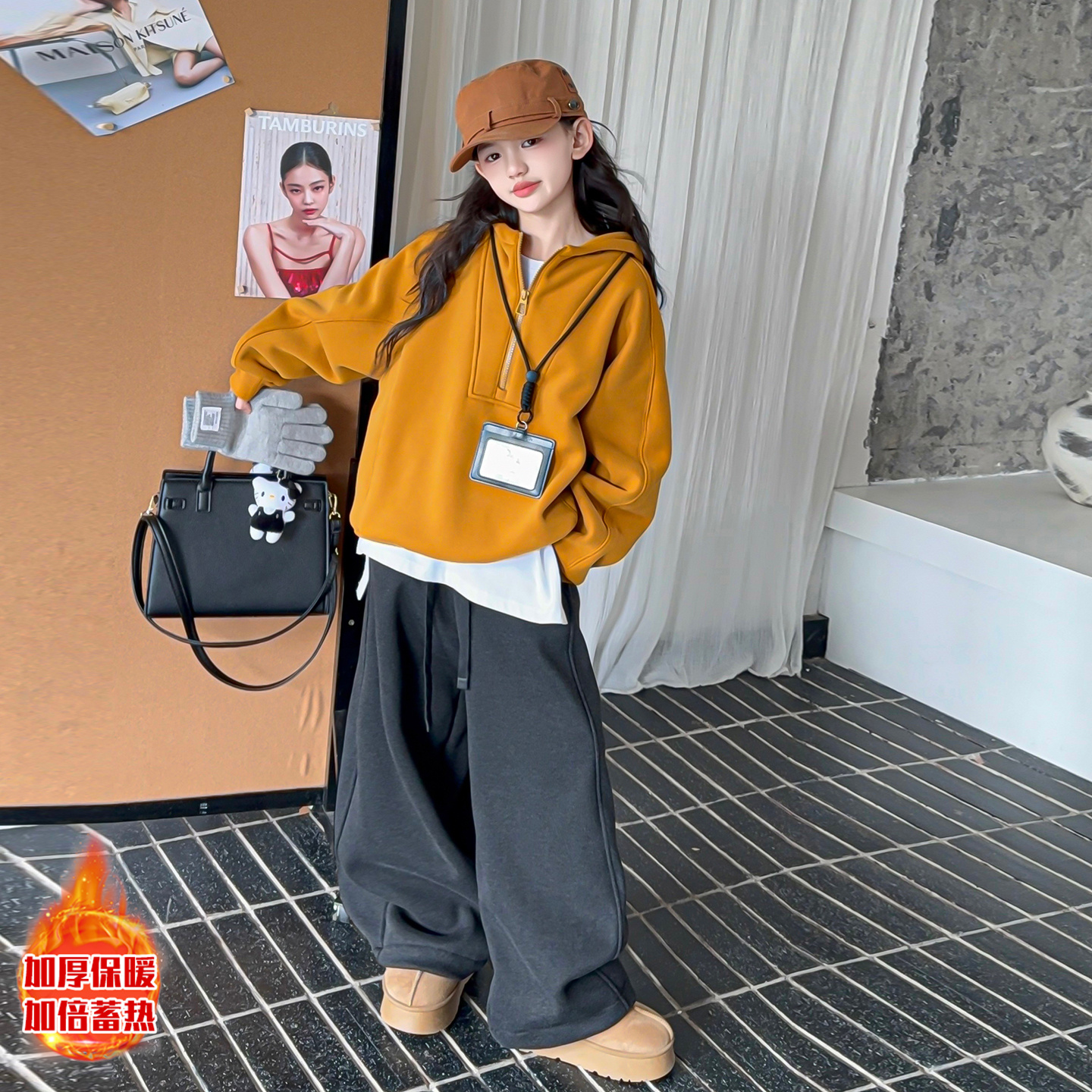 女童套装2025新款秋冬韩系休闲中大童半拉链加绒卫衣阔腿裤两件套