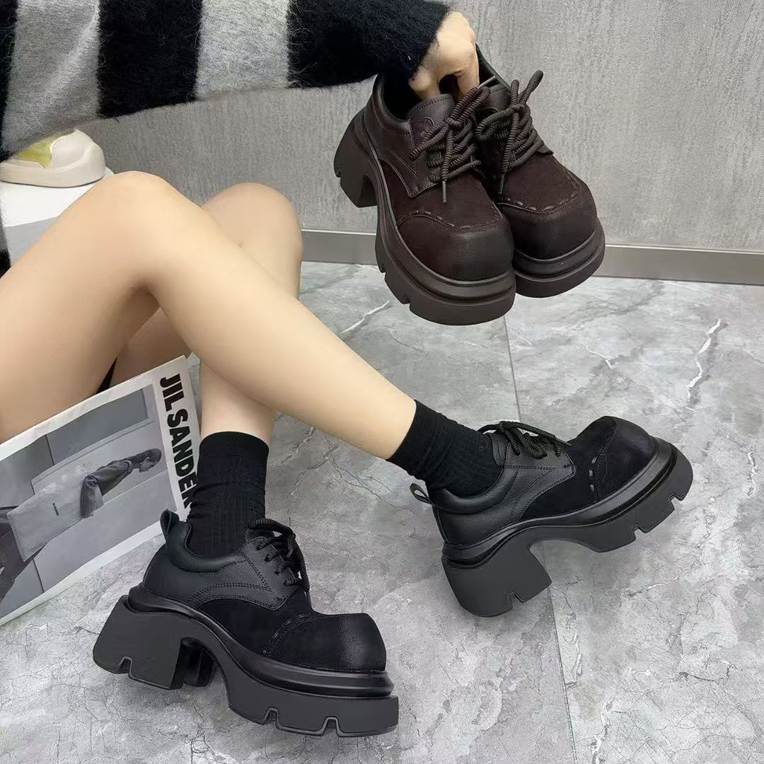 唐小肉翻毛皮百搭厚底常规女耐脏秋季乐福鞋8617-2黑色皮鞋圆头