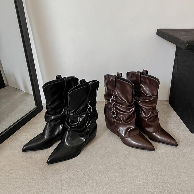 YUGE尖头褶皱堆堆靴 内增高机车靴 西部风女靴短靴4cm