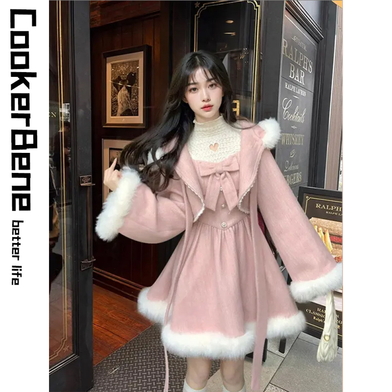 法式小香风套装裙女冬季加厚连帽粉色斗篷披肩内搭吊带裙子两件套