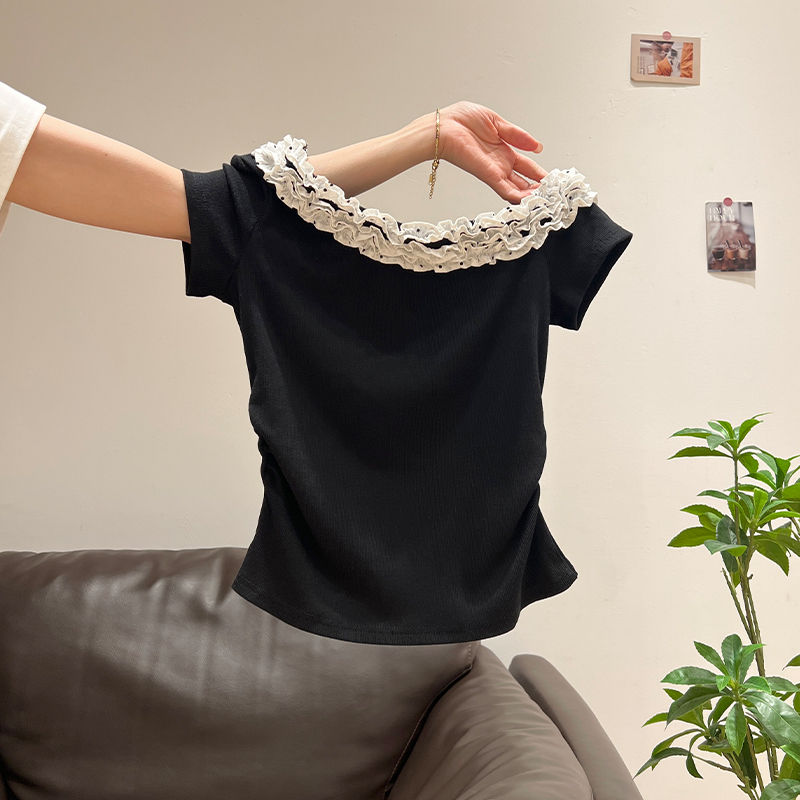 夏珍 木耳边斜肩露肩短袖T恤女夏季2025新款甜辣妹设计感纯欲上衣