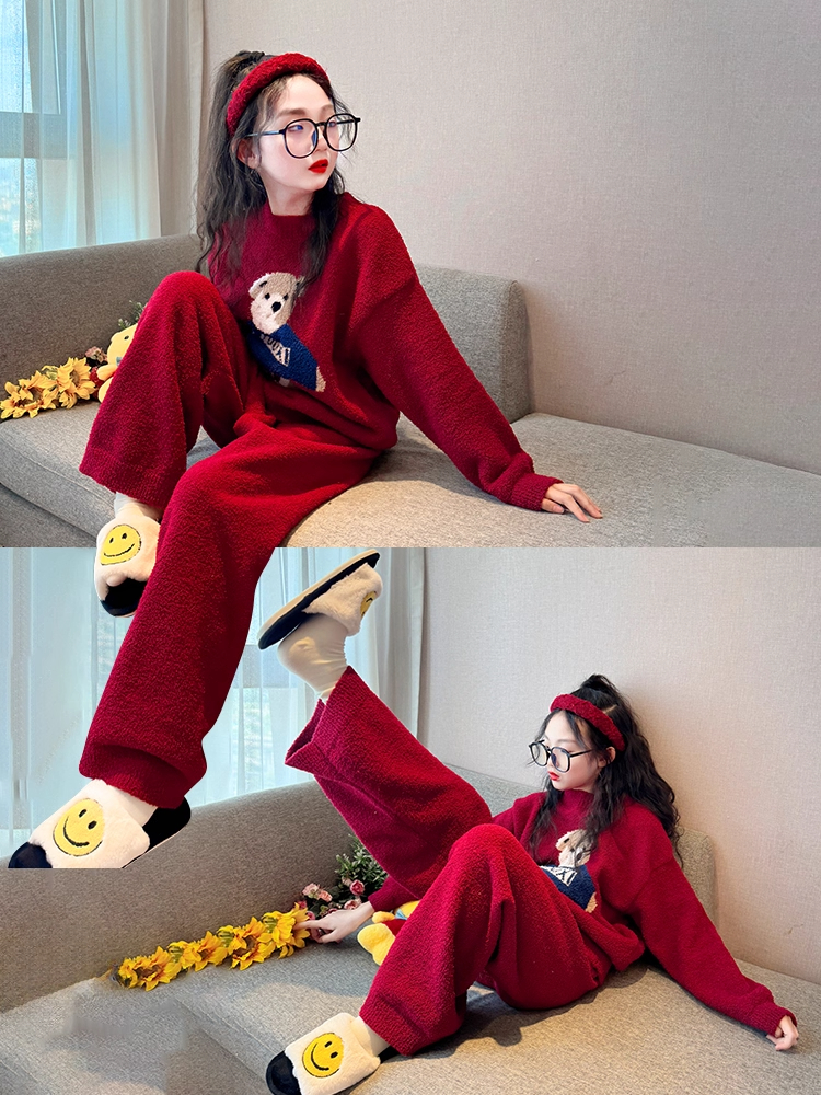 儿童睡衣女孩秋冬2025新款女大童红色半边绒家居服女童本命年衣服