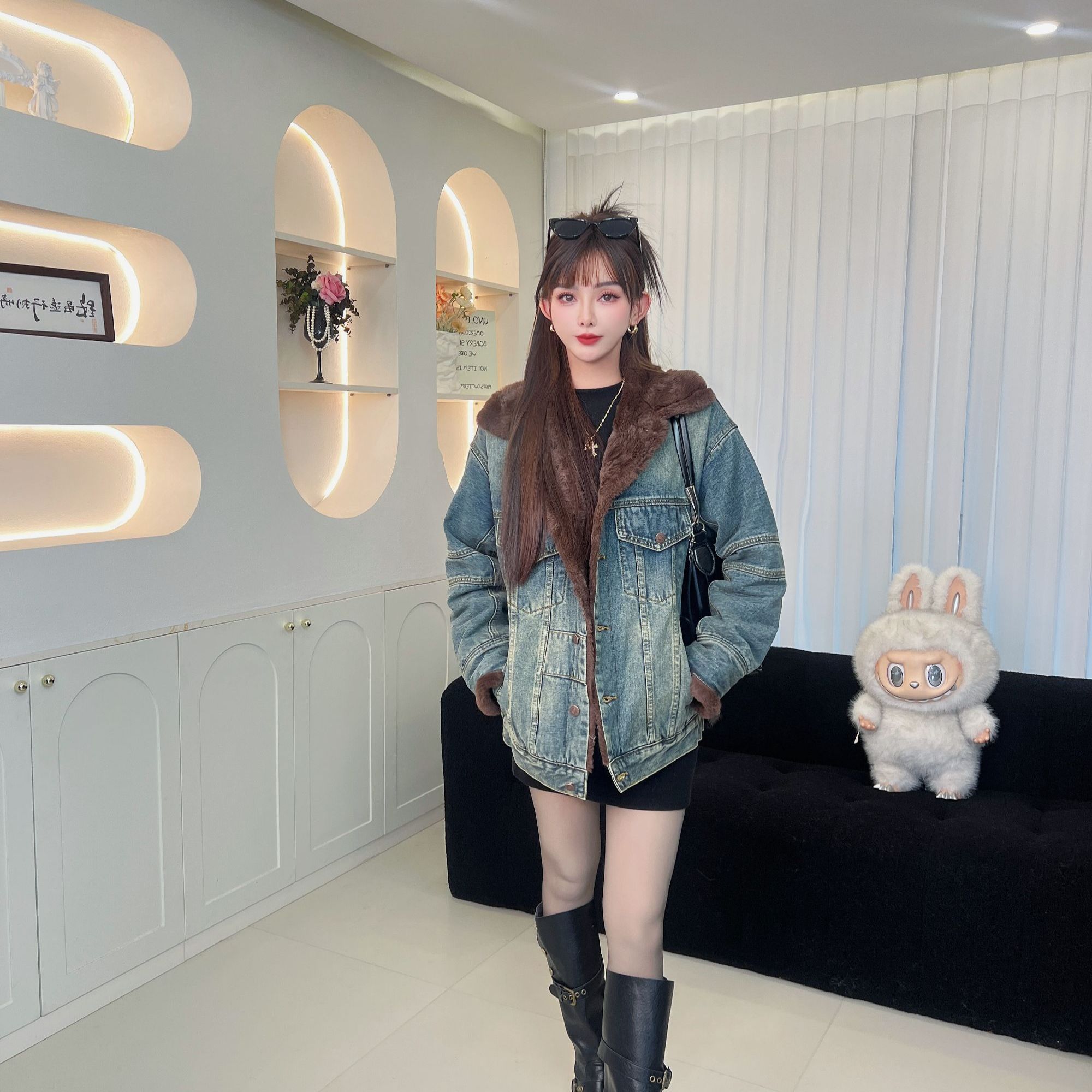 冬季复古拼接加绒牛仔外套女冬季新款宽松学院风痞帅情侣棉衣