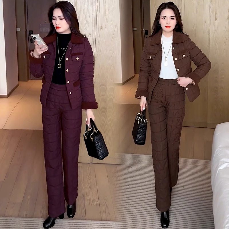 加绒加厚时尚套装女士2025年冬季新款小香风棉衣外套阔腿裤两件套