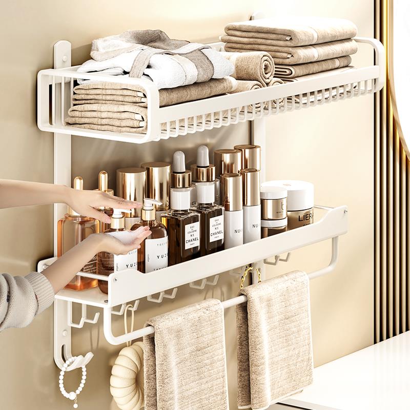 奶油风毛巾架化妆室置物架高颜值一体免打孔壁挂浴室收纳层架浴巾