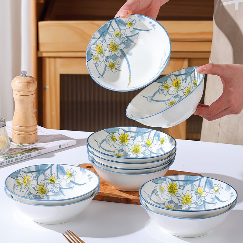 10只装 6英寸水仙花光面碗斗碗釉下彩工艺微波炉洗碗机网红陶瓷