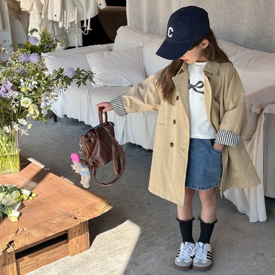 女童洋气英伦风中长款风衣外套潮儿童休闲大衣2025春秋款宝宝上衣