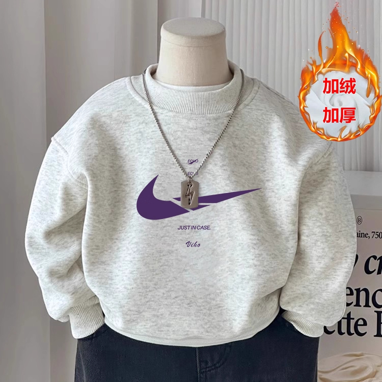 儿童纯棉男童灰色加绒卫衣外套秋冬款中大童痞帅加厚休闲宽松上衣