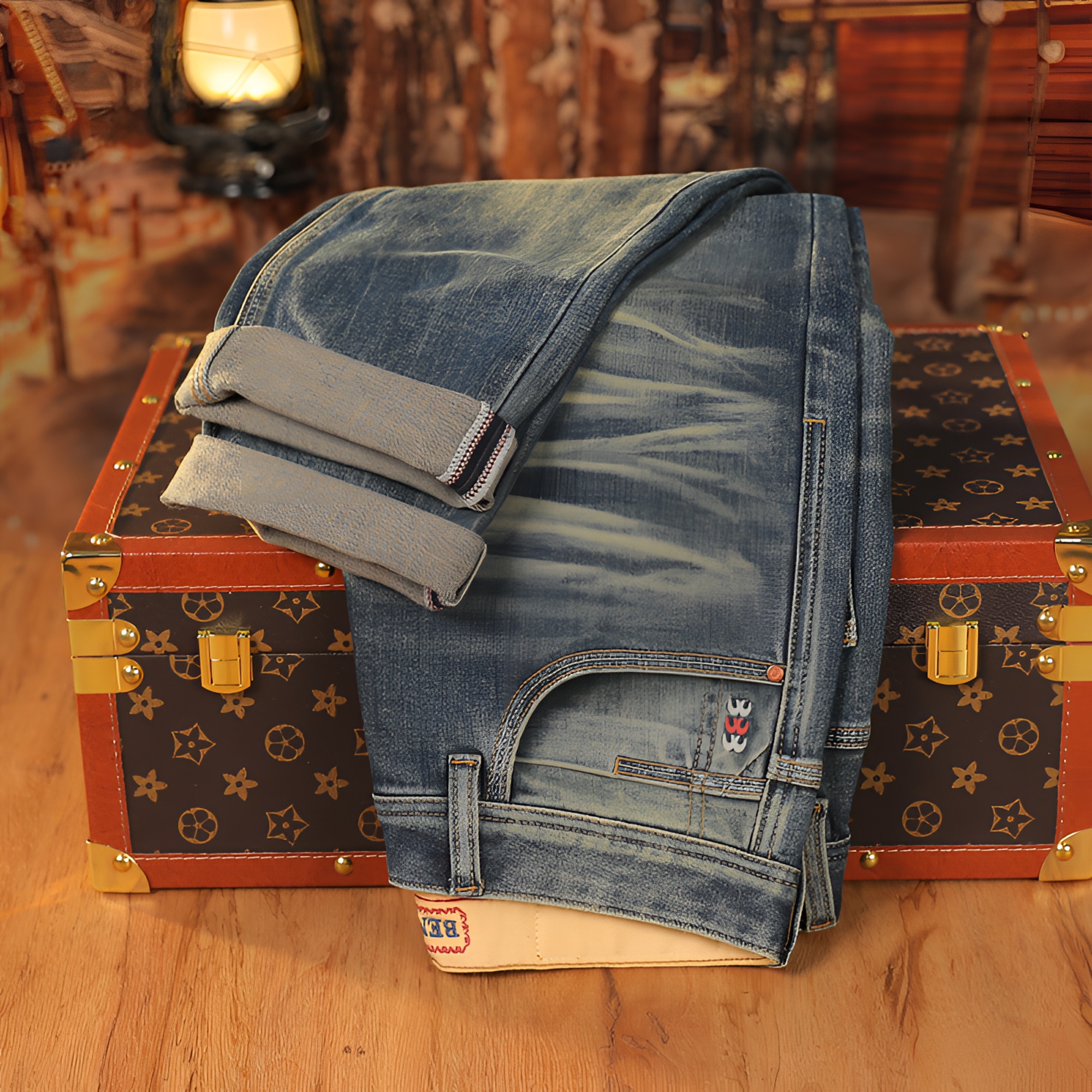 【卡贺斯】秋季经典男士潮流轻奢港风修身复古宽松弹力小直筒牛仔裤