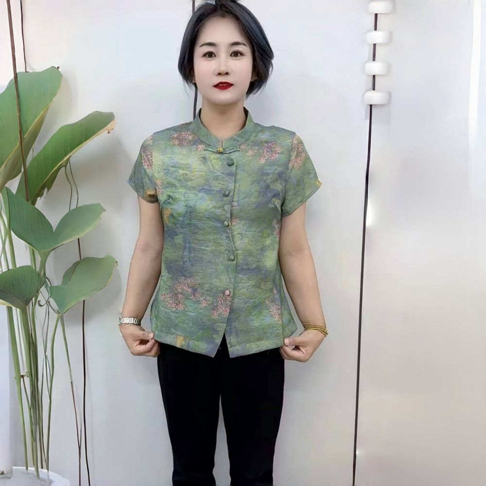 阔太太妈妈夏季旗袍衫中老年优雅气质新中式小衫素雅时尚宽松上衣