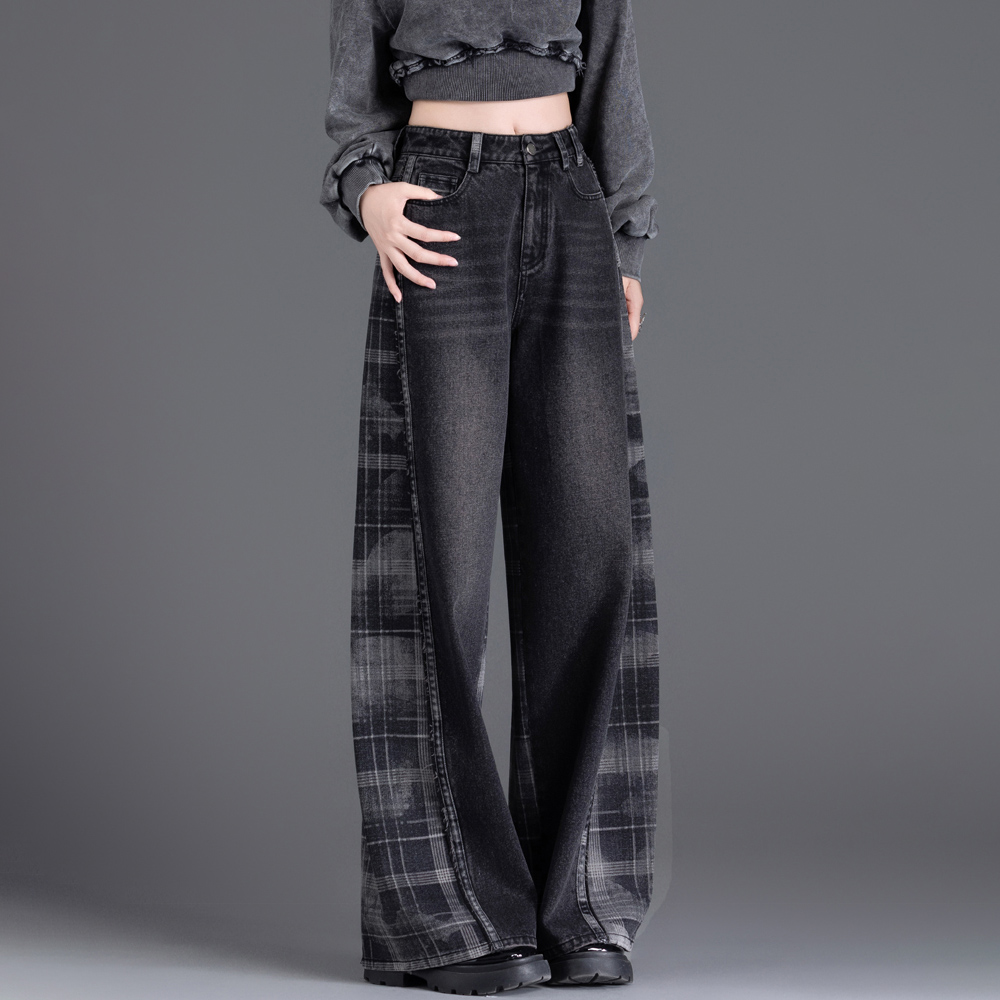 韩版高腰格子拼接牛仔裤秋冬新款高腰宽松休闲显瘦时尚百搭阔腿裤
