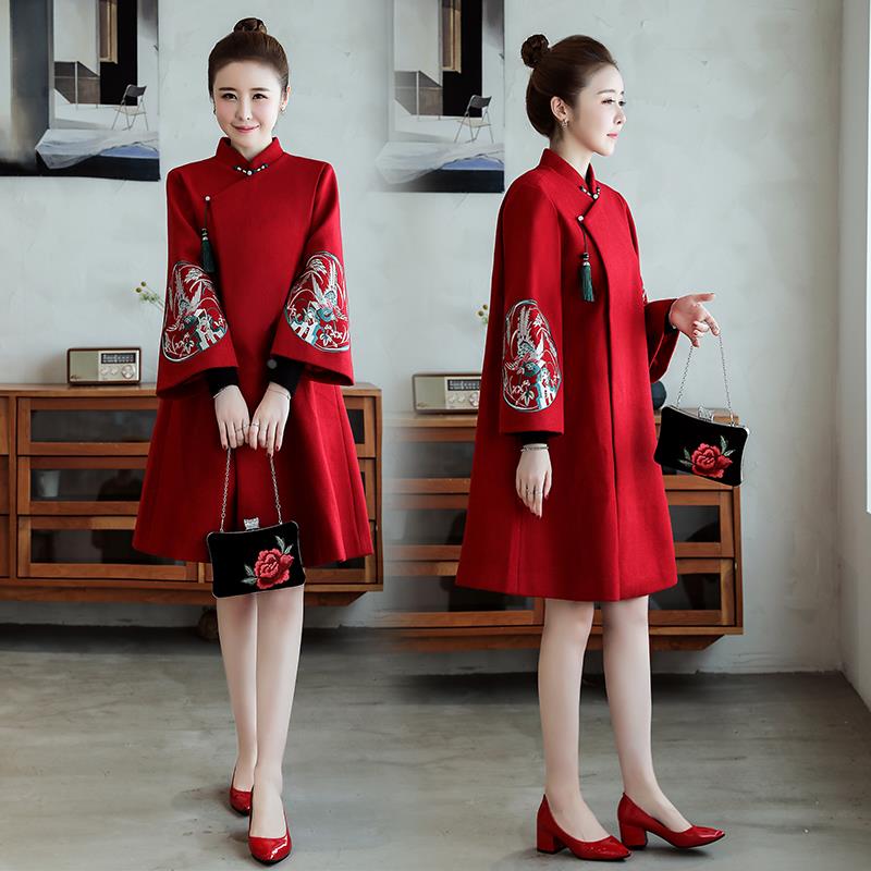 大码秋冬2025新款改良旗袍毛呢大衣女胖mm中国风汉服复古夹棉外套