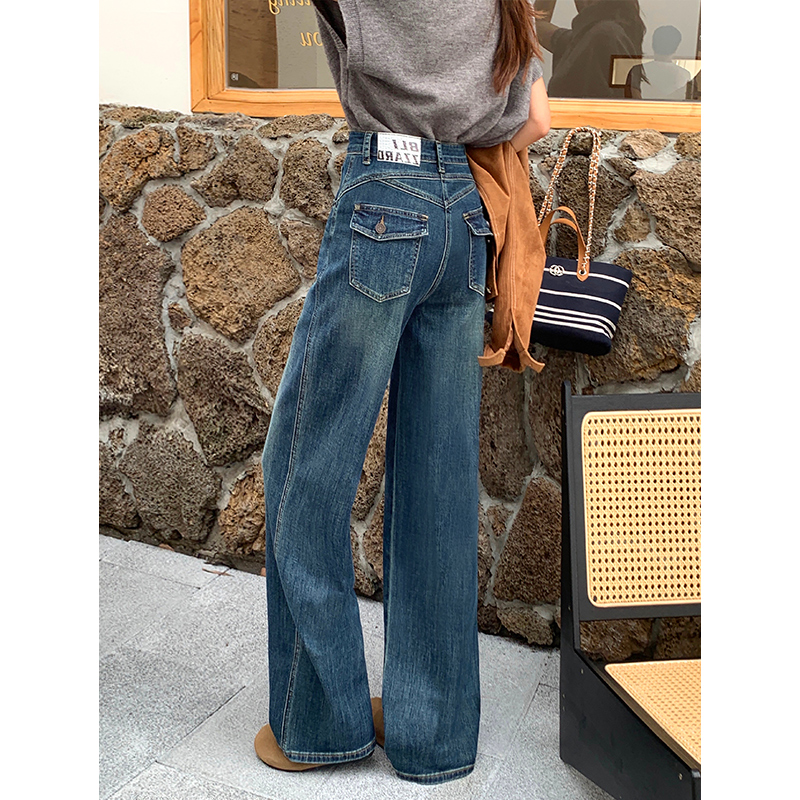 美式直筒牛仔裤女春秋季2025新款复古设计感微弹高腰窄版阔腿长裤