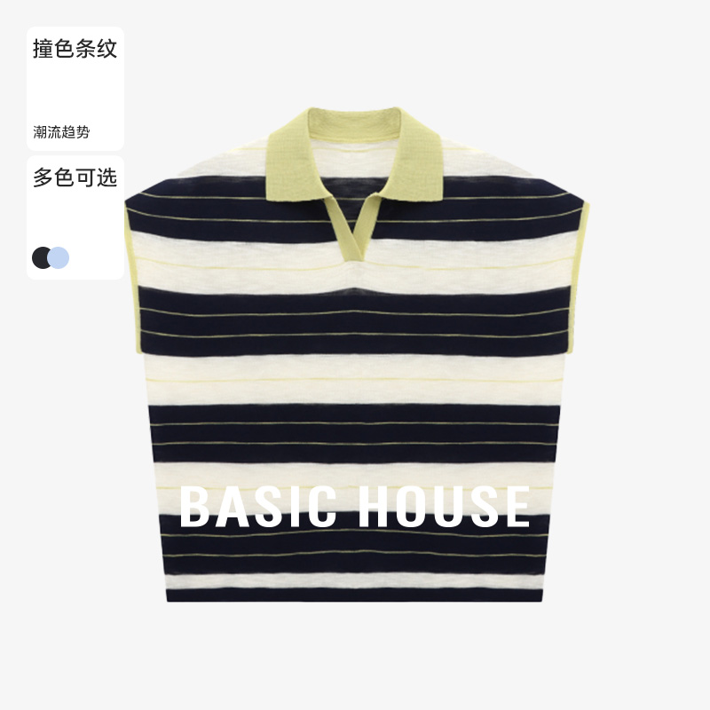 百家好夏季新款多巴胺服装女条纹翻领撞色气质针织衫-B0625B5AHM2