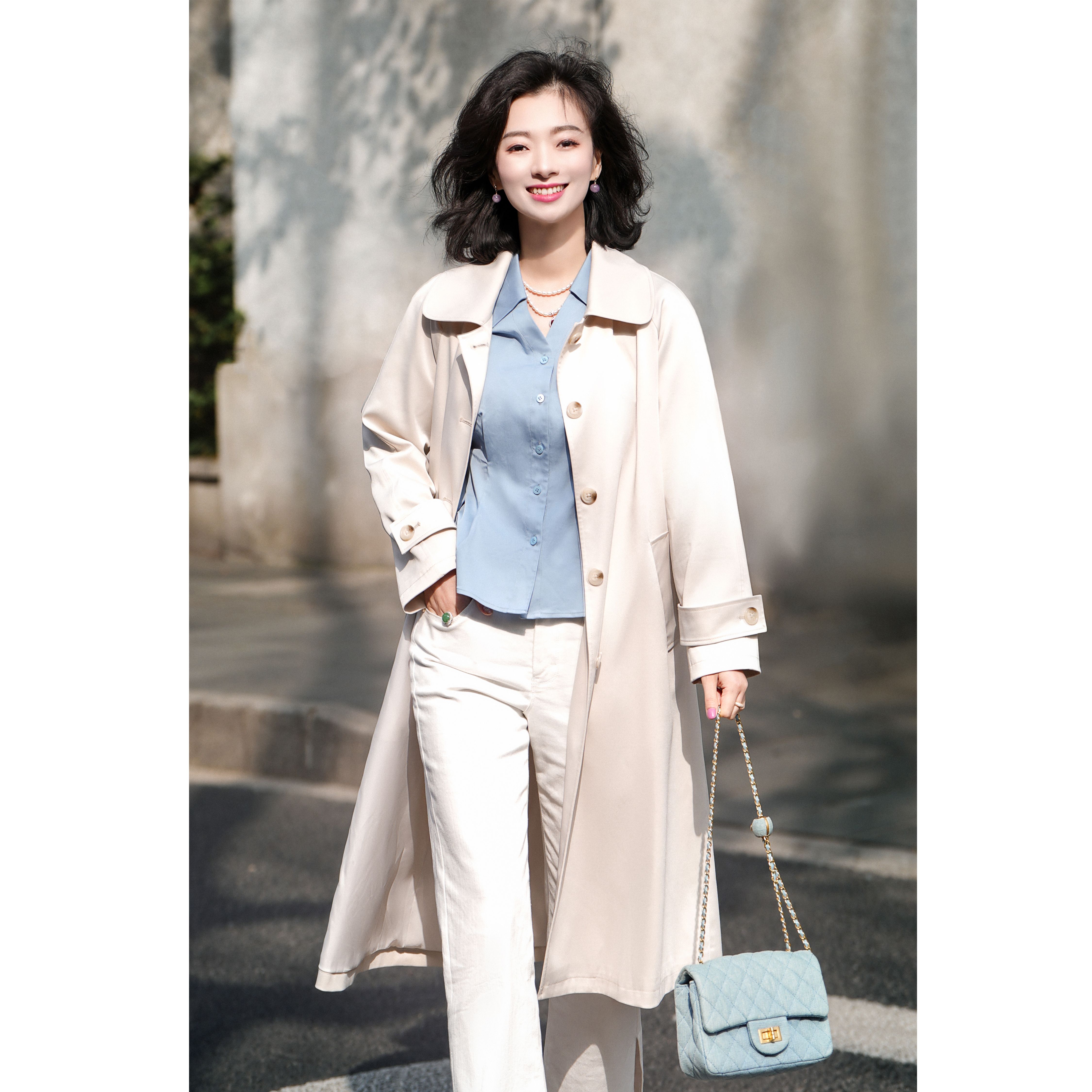 西子/【风起伦敦】琥珀扣翻领风衣中长款过膝风衣外套/FYBH046