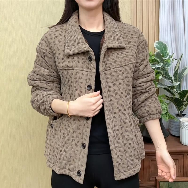 2025秋冬款气质休闲碎花翻领棉服G中年妈妈洋气宽松加绒加厚外套