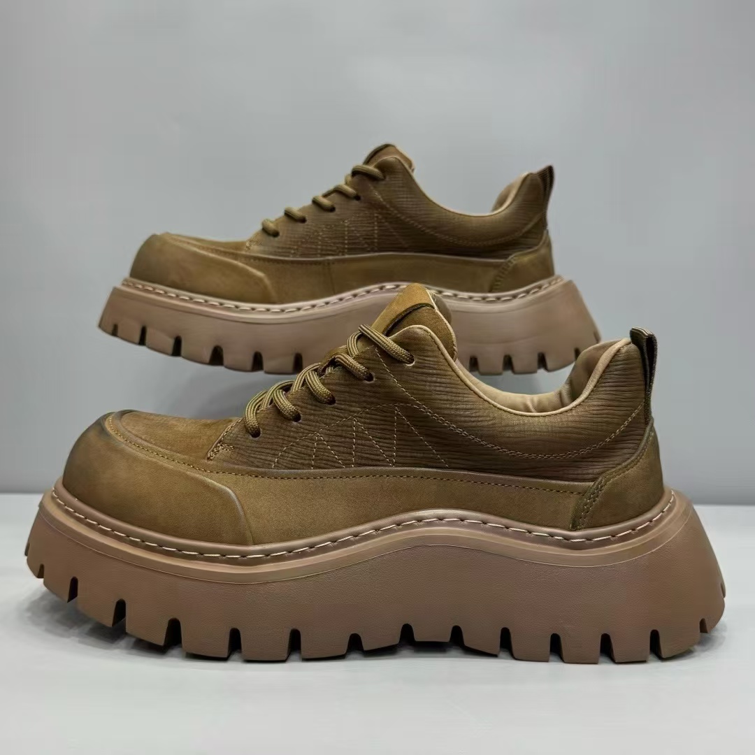 男生轻便欧美风透气潮流圆头真牛皮休闲皮鞋秋季系带增高男马丁鞋