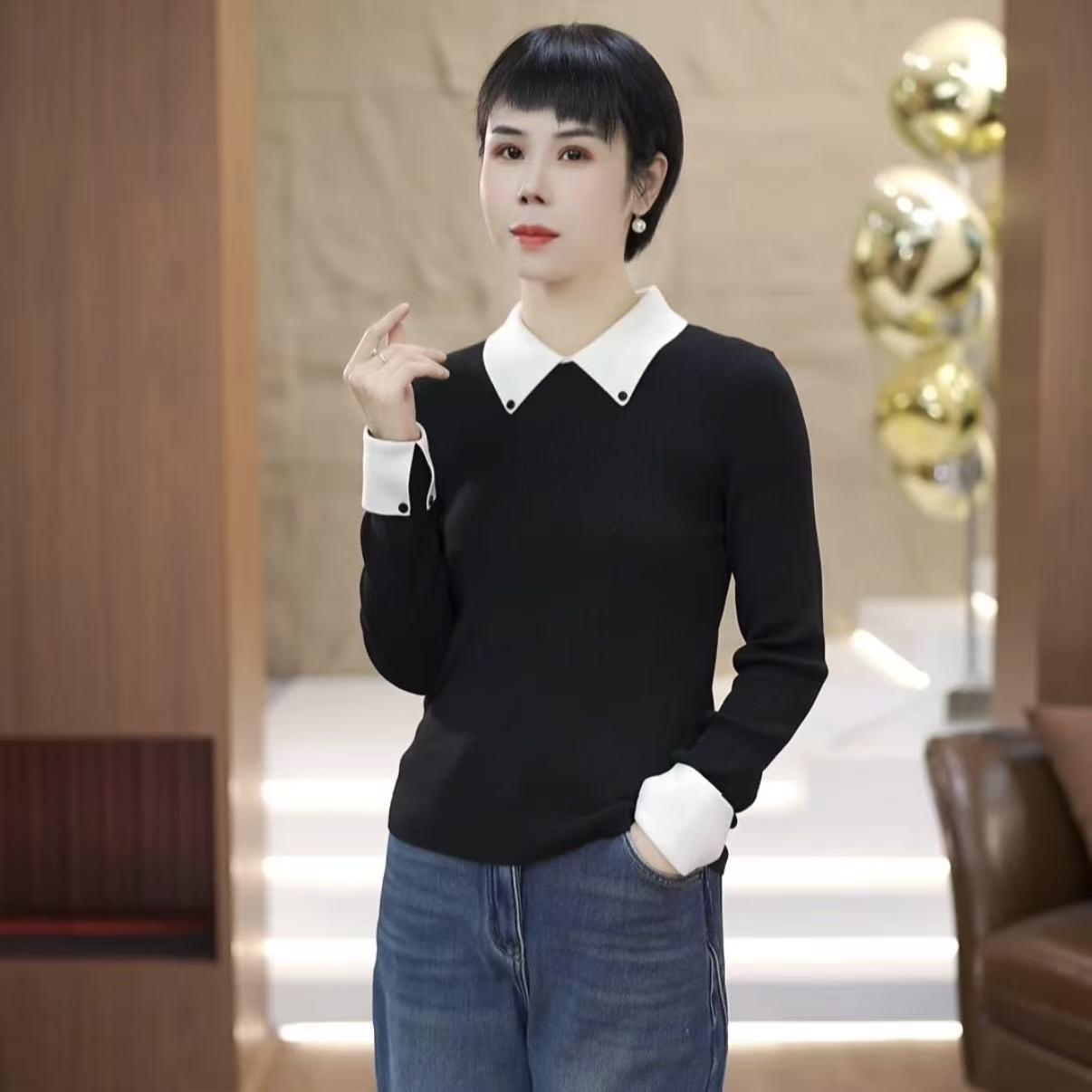 【渲渲推荐】MG-8369冬季舒适撞色翻领纽扣设计小衫