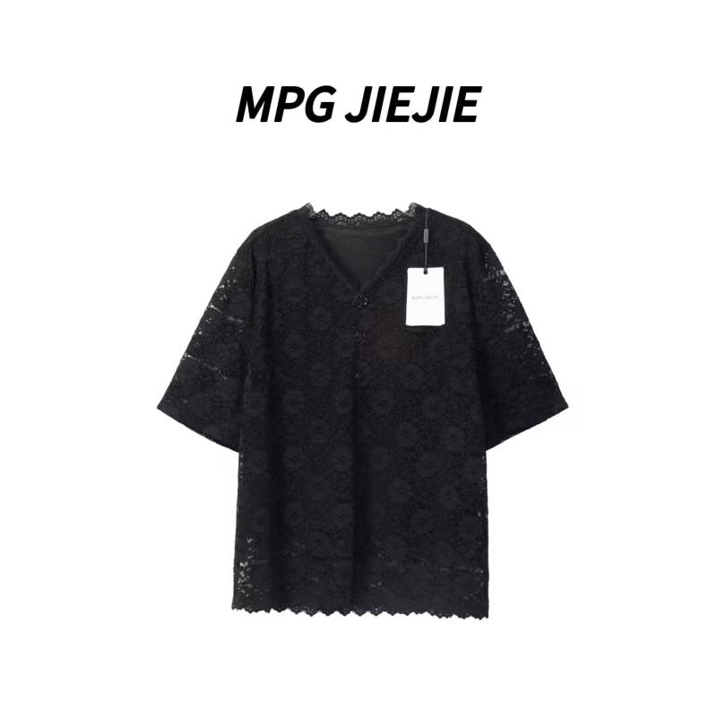 MPG JIEJIE【花游记】春夏大码拼接蕾丝提花设计感V领重工短袖T恤