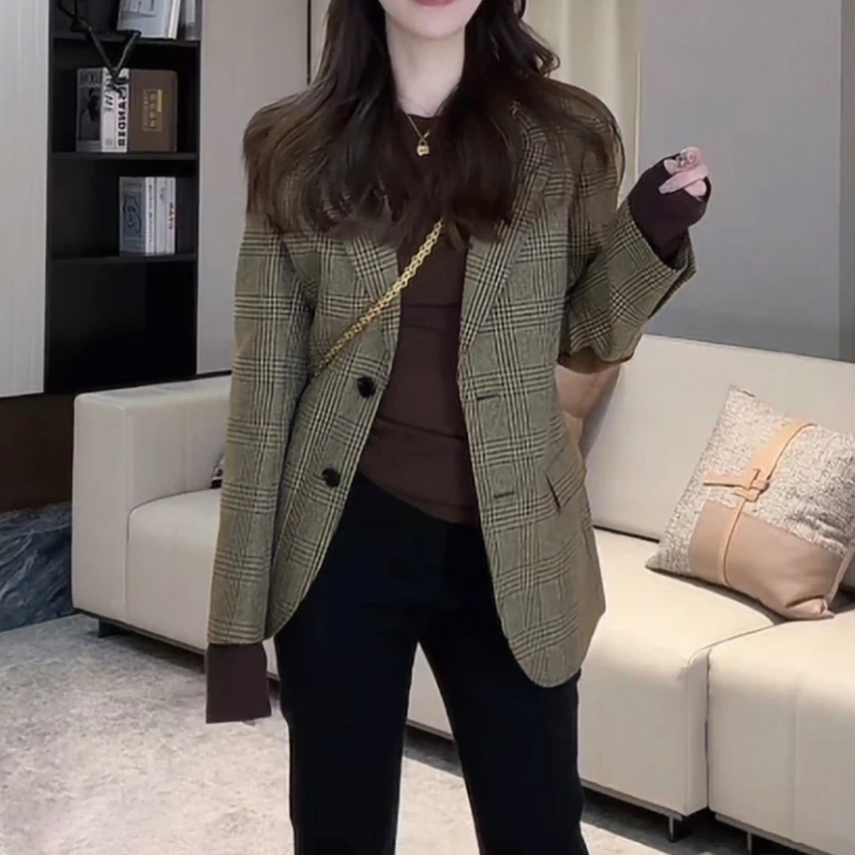定制面料轻奢复古格纹西装外套时尚气质高级感复古西装