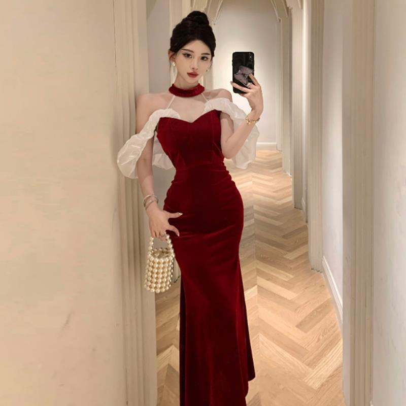 高端性感优雅露肩晚礼服宴会连衣裙高腰显瘦夜总会酒红色鱼尾裙潮