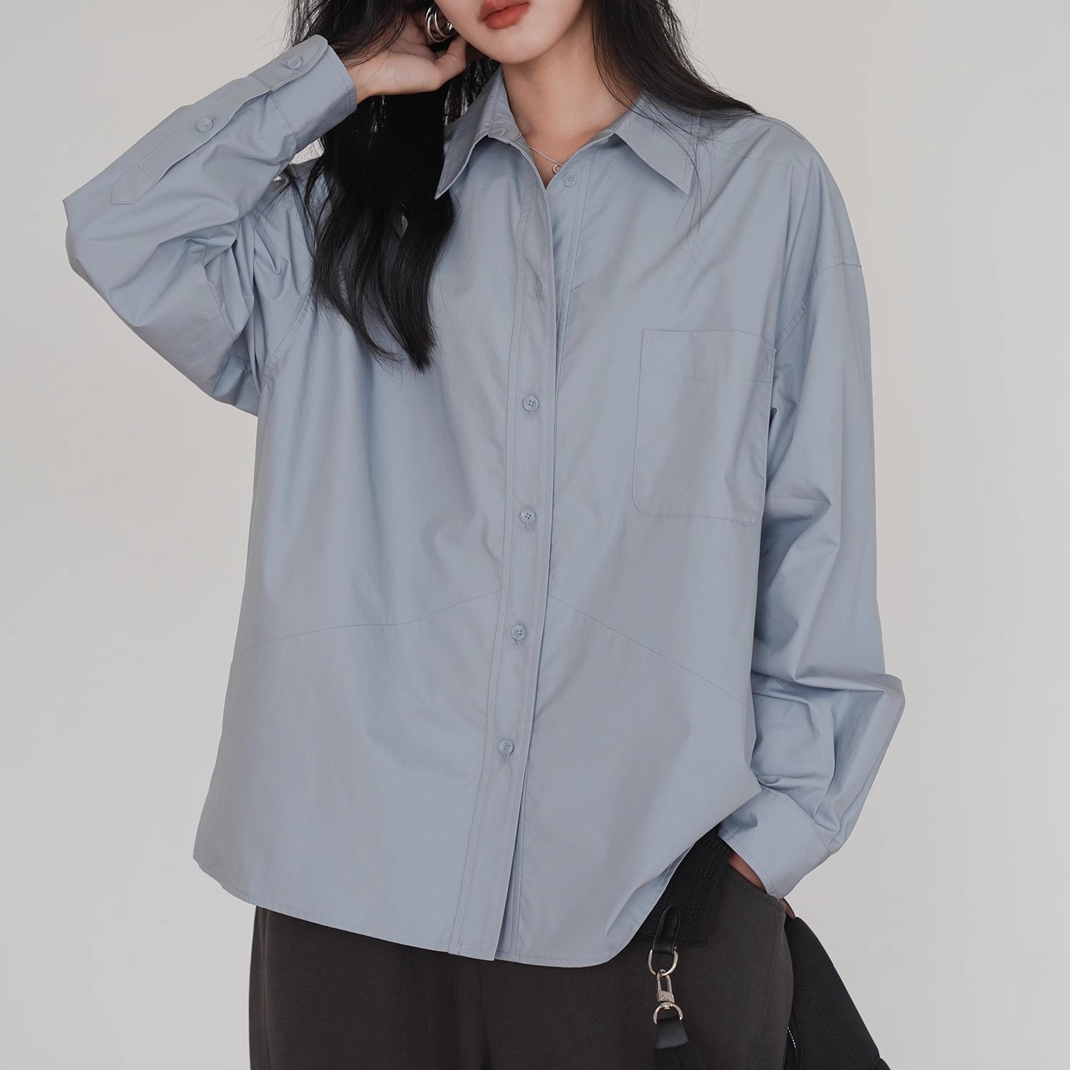 海澜家秋季爆款衬衫蓝色长袖新款衬衣女秋季港风休闲设计感上衣