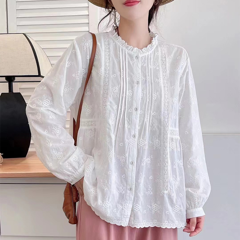 春装新款设计韩范文艺淡雅风小衫蕾丝宽松褶皱花边领衬衫女长袖