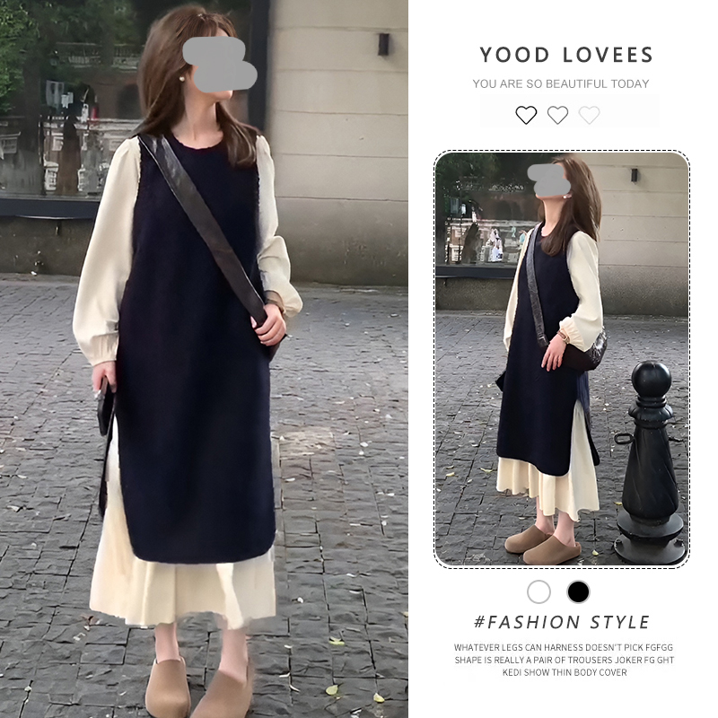 设计感撞色拼接长袖马甲连衣裙女2026春秋新款小众别致显瘦两件套