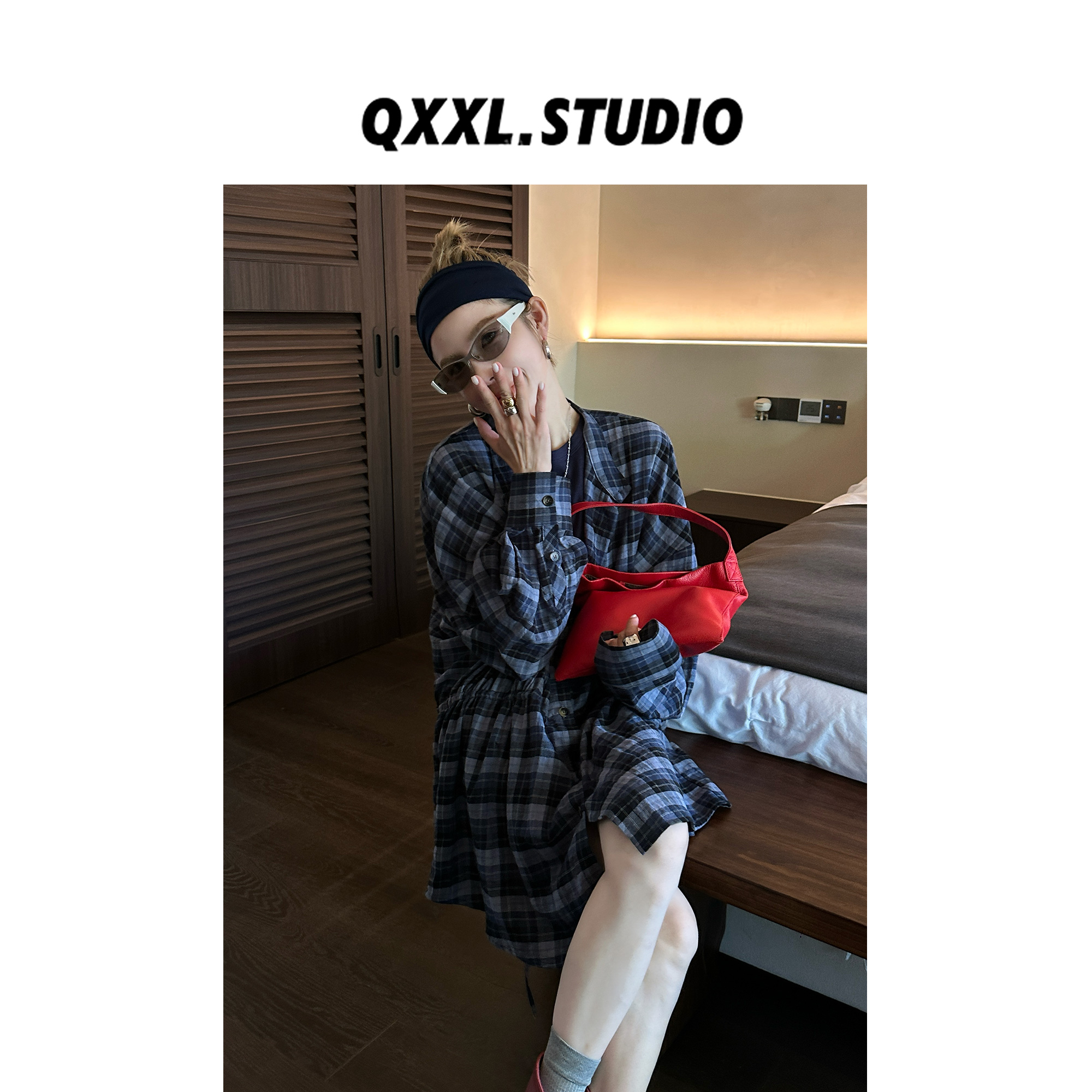 邱小小丽呀 早秋蓝调格子衬衫连衣裙女韩系宽松复古设计感衬衫裙