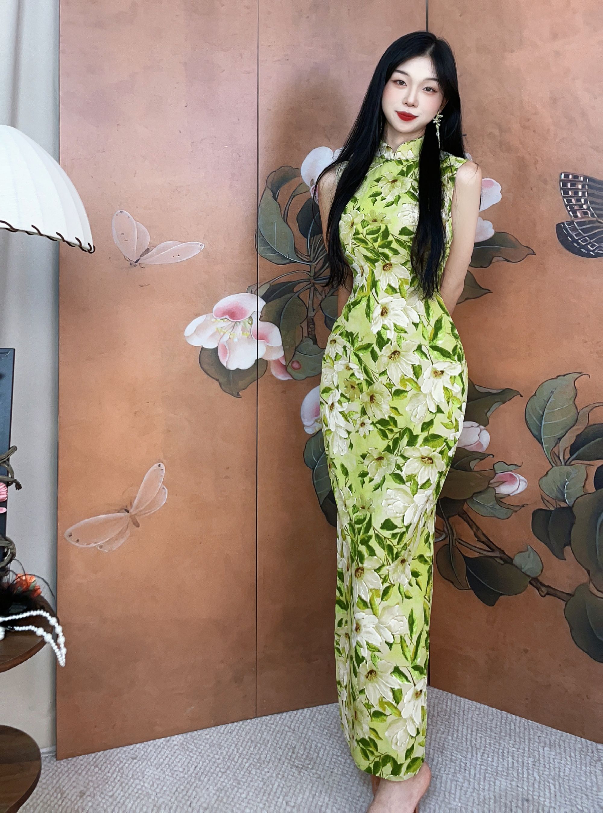 秋辞香~池南春水 明艳美人玫瑰花港风斜襟无袖旗袍连衣裙