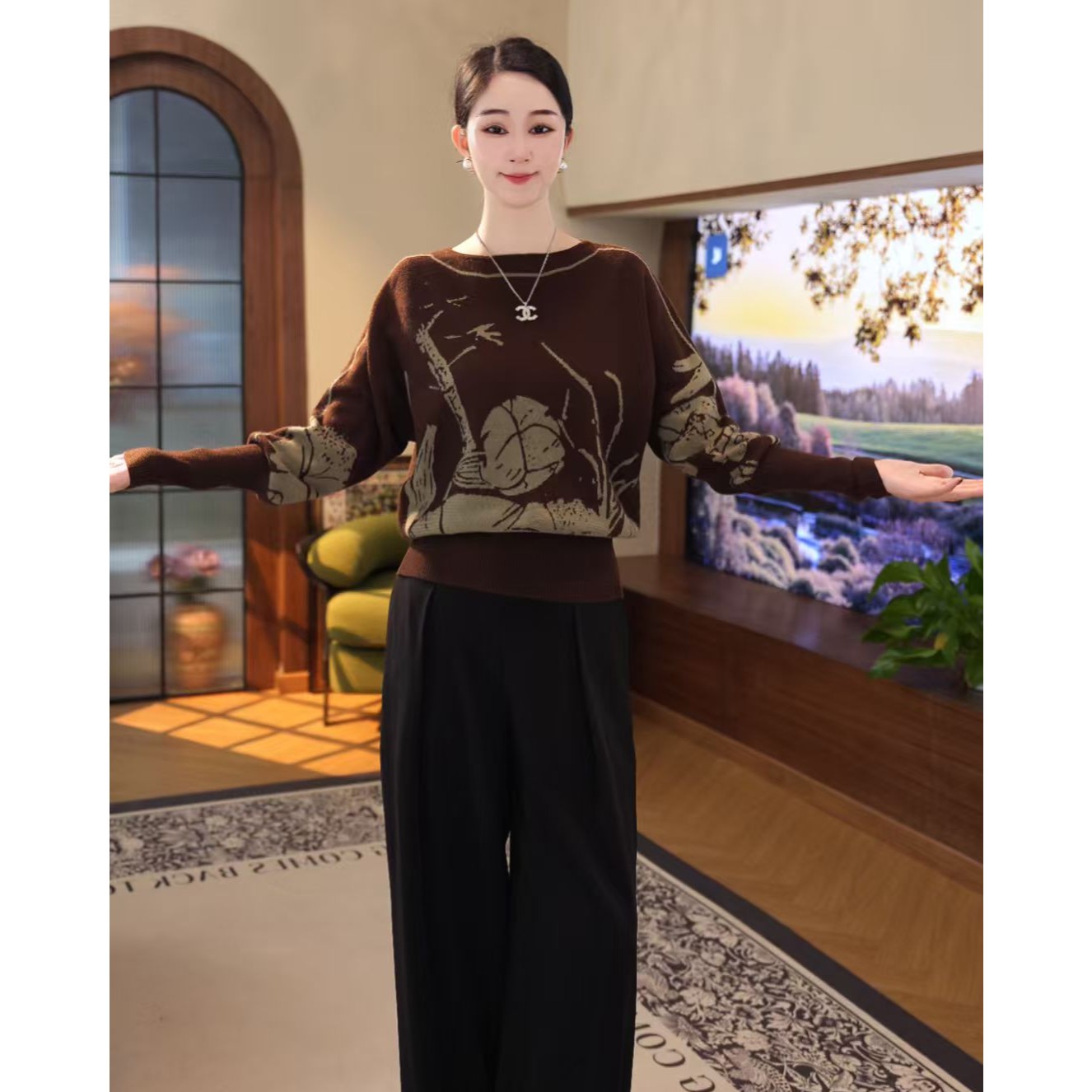 2025秋冬新款【QQ-1263JR】含绵毛提花设计感棕色软糯针织衫毛衣