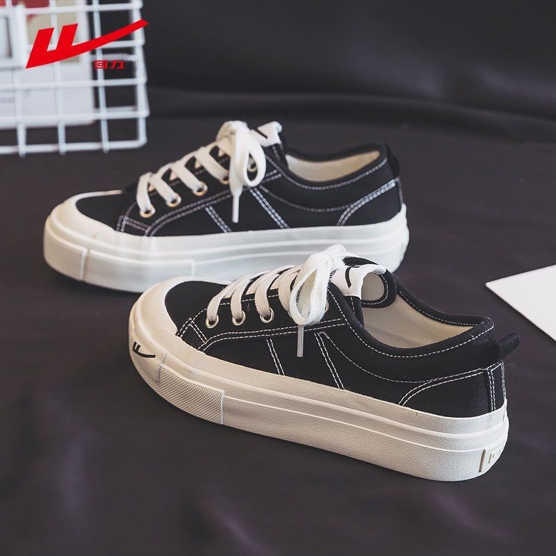 回力黑色帆布鞋情侣款2025秋冬季新款设计感小众厚底鞋子百搭板鞋